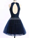 Short/Mini Scoop Neck Dark Navy Tulle Pearl Detailing Open Back Short Prom Dresses #Favs020101654
