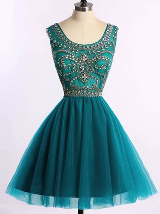Scoop Neck Sparkly Dark Green Tulle Beading Short/Mini Short Prom Dresses #Favs020101675 Scoop Neck Sparkly Dark Green Tulle Beading Short/Mini Short Prom Dresses #Favs020101675