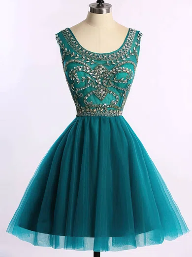 Scoop Neck Sparkly Dark Green Tulle Beading Short/Mini Short Prom Dresses #Favs020101675