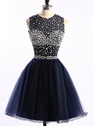 Short/Mini Scoop Neck Dark Navy Tulle Crystal Detailing Open Back Prom Dress #Favs020101677