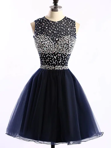 Short/Mini Scoop Neck Dark Navy Tulle Crystal Detailing Open Back Short Prom Dresses #Favs020101677