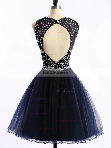 Short/Mini Scoop Neck Dark Navy Tulle Crystal Detailing Open Back Short Prom Dresses #Favs020101677