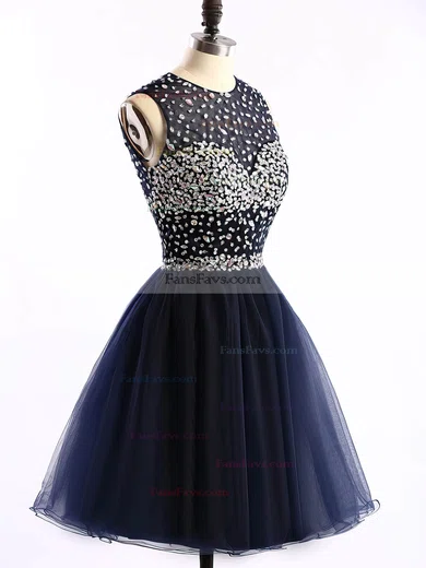 Short/Mini Scoop Neck Dark Navy Tulle Crystal Detailing Open Back Short Prom Dresses #Favs020101677