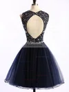 Short/Mini Scoop Neck Dark Navy Tulle Crystal Detailing Open Back Short Prom Dresses #Favs020101677