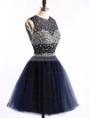 Short/Mini Scoop Neck Dark Navy Tulle Crystal Detailing Open Back Short Prom Dresses #Favs020101677