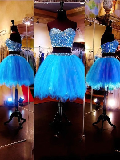 Two-pieces Sweetheart Tulle Short/Mini Beading Blue Short Prom Dresses #Favs020101803