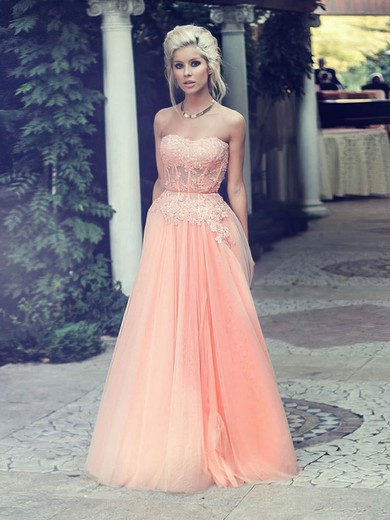 A-line Sweetheart Floor-length Tulle Prom Dresses with Appliques Lace #Favs02016777