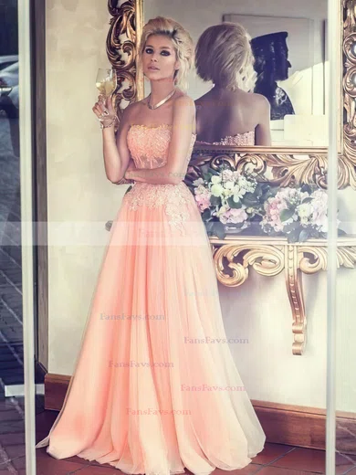 A-line Sweetheart Floor-length Tulle Prom Dresses with Appliques Lace #Favs02016777