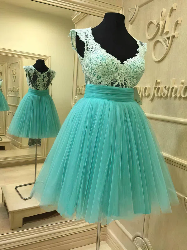 Short/Mini V-neck Tulle Appliques Lace Cap Straps Beautiful Short Prom Dresses #Favs020102036