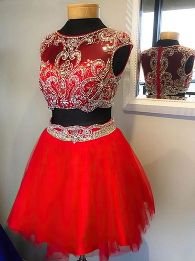 Two Piece Red Scoop Neck Tulle Beading Short/Mini Prom Dresses #Favs020102039
