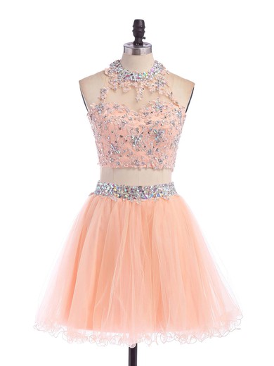 Two Piece Scoop Neck Open Back Tulle Appliques Lace Short/Mini Short Prom Dresses #Favs020102152
