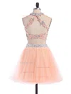 Two Piece Scoop Neck Open Back Tulle Appliques Lace Short/Mini Short Prom Dresses #Favs020102152