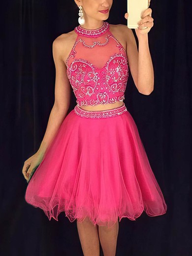 Two Piece A-line High Neck Tulle Short/Mini Beading Online Prom Dresses #Favs020102424