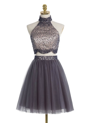 A-line High Neck Tulle Short/Mini Beading Full Back Modest Prom Dresses #Favs020102430