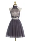 A-line High Neck Tulle Short/Mini Beading Full Back Modest Short Prom Dresses #Favs020102430