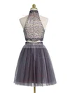 A-line High Neck Tulle Short/Mini Beading Full Back Modest Short Prom Dresses #Favs020102430