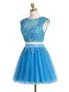 Pretty A-line Scoop Neck Tulle Short/Mini Appliques Lace Two Piece Short Prom Dresses #Favs020102431