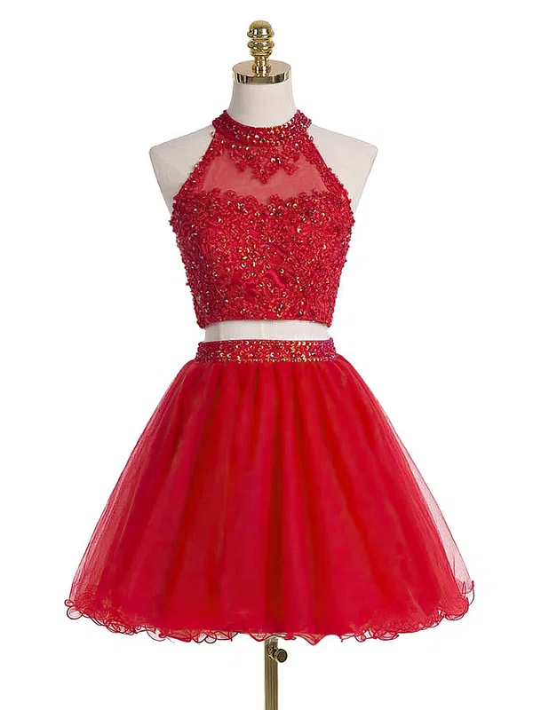 A-line High Neck Tulle Short/Mini Sequins Short Prom Dresses #Favs020102432