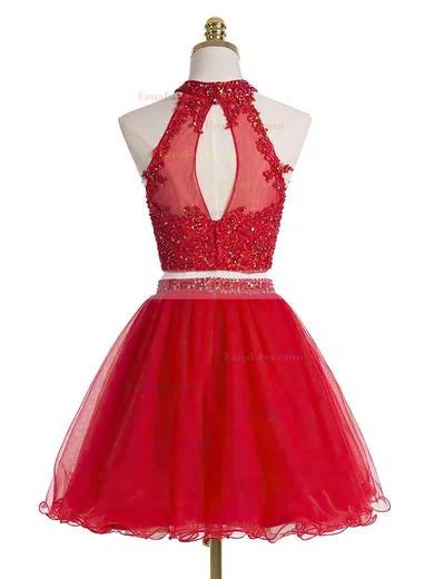 A-line High Neck Tulle Short/Mini Sequins Short Prom Dresses #Favs020102432