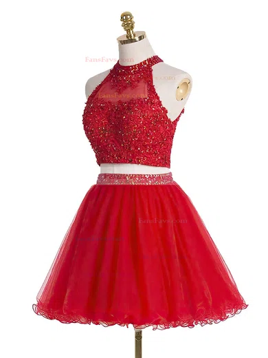 A-line High Neck Tulle Short/Mini Sequins Short Prom Dresses #Favs020102432