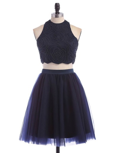 A-line Scoop Neck Tulle Short/Mini Beading Dark Navy Two Piece Short Prom Dresses #Favs020102465