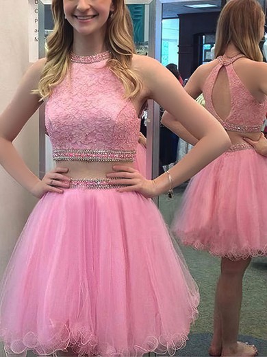 A-line Scoop Neck Tulle Short/Mini with Lace Two Piece Pretty Homecoming Dresses #Favs020102550