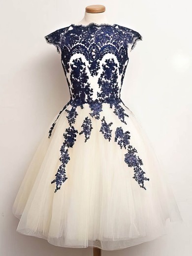 Princess Scalloped Neck Tulle Tea-length Appliques Lace Short Prom Dresses #Favs020102559