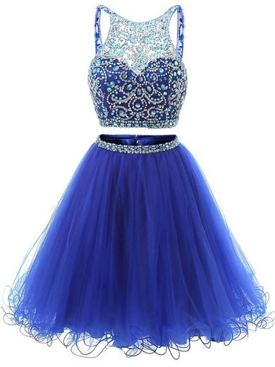 Two Piece Short/Mini A-line Scoop Neck Tulle Beading Royal Blue Backless Prom Dress #Favs020102726