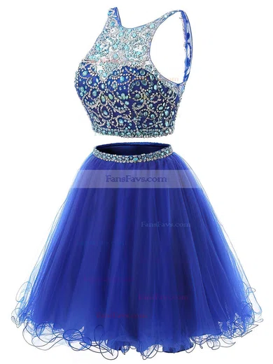 Two Piece Short/Mini A-line Scoop Neck Tulle Beading Royal Blue Backless Short Prom Dresses #Favs020102726