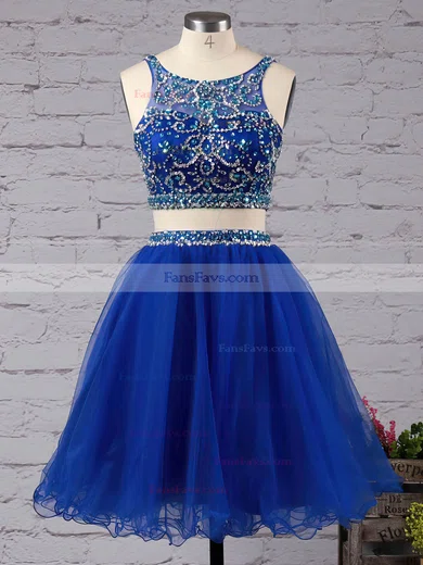Two Piece Short/Mini A-line Scoop Neck Tulle Beading Royal Blue Backless Short Prom Dresses #Favs020102726