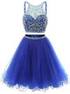 Two Piece Short/Mini A-line Scoop Neck Tulle Beading Royal Blue Backless Short Prom Dresses #Favs020102726