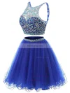 Two Piece Short/Mini A-line Scoop Neck Tulle Beading Royal Blue Backless Short Prom Dresses #Favs020102726