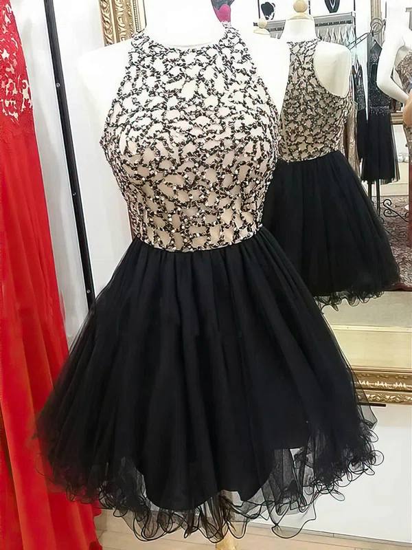 A-line Scoop Neck Tulle Short/Mini Beading Black Glamorous Short Prom Dresses #Favs020103024