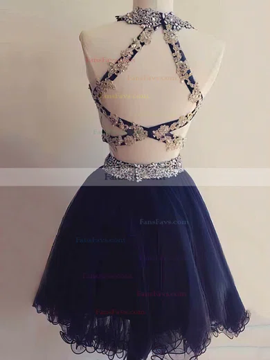 A-line Scoop Neck Short/Mini Tulle Prom Dresses with Appliques Lace Beading #Favs020103655