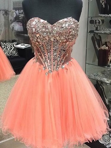 A-line Sweetheart Short/Mini Tulle Prom Dresses #Favs020103658