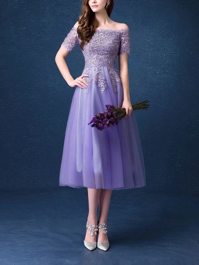 Nice A-line Off-the-shoulder Tulle Tea-length Appliques Lace Short Sleeve Prom Dresses #Favs020103701