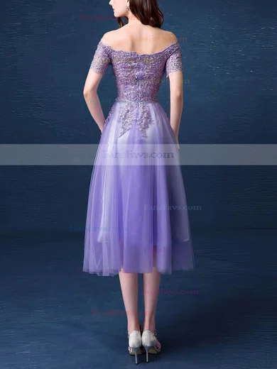 Nice A-line Off-the-shoulder Tulle Tea-length Appliques Lace Short Sleeve Short Prom Dresses #Favs020103701