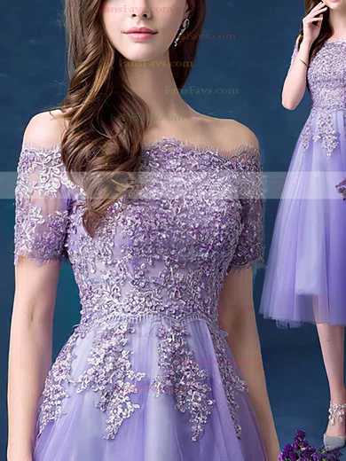 Nice A-line Off-the-shoulder Tulle Tea-length Appliques Lace Short Sleeve Short Prom Dresses #Favs020103701