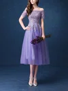 Nice A-line Off-the-shoulder Tulle Tea-length Appliques Lace Short Sleeve Short Prom Dresses #Favs020103701