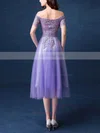 Nice A-line Off-the-shoulder Tulle Tea-length Appliques Lace Short Sleeve Short Prom Dresses #Favs020103701