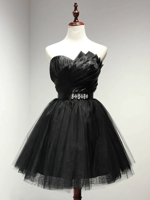 A-line Sweetheart Tulle Short/Mini Sashes / Ribbons Black Girls Short Prom Dresses #Favs020103728
