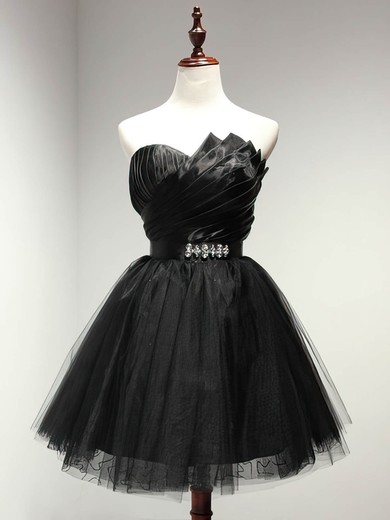 A-line Sweetheart Tulle Short/Mini Sashes / Ribbons Black Girls Prom Dresses #Favs020103728
