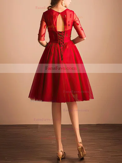 Online A-line Scoop Neck Tulle Knee-length Sashes / Ribbons Red 1/2 Sleeve Short Prom Dresses #Favs020103757