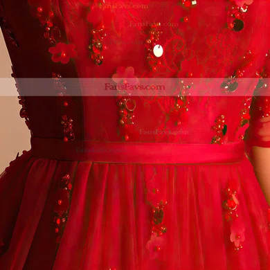 Online A-line Scoop Neck Tulle Knee-length Sashes / Ribbons Red 1/2 Sleeve Short Prom Dresses #Favs020103757
