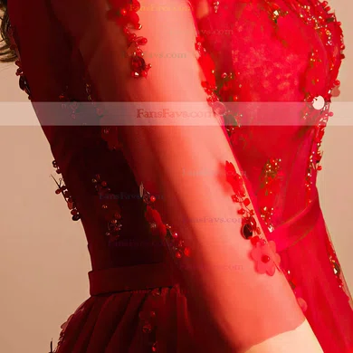 Online A-line Scoop Neck Tulle Knee-length Sashes / Ribbons Red 1/2 Sleeve Short Prom Dresses #Favs020103757