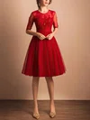 Online A-line Scoop Neck Tulle Knee-length Sashes / Ribbons Red 1/2 Sleeve Short Prom Dresses #Favs020103757
