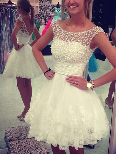 A-line Scoop Neck Tulle Short/Mini Appliques Lace Prom Dresses #Favs020104126