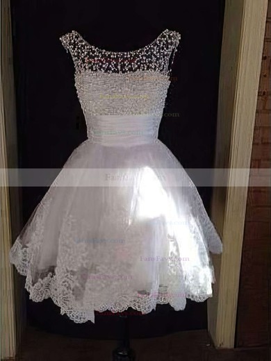 A-line Scoop Neck Tulle Short/Mini Appliques Lace Prom Dresses #Favs020104126