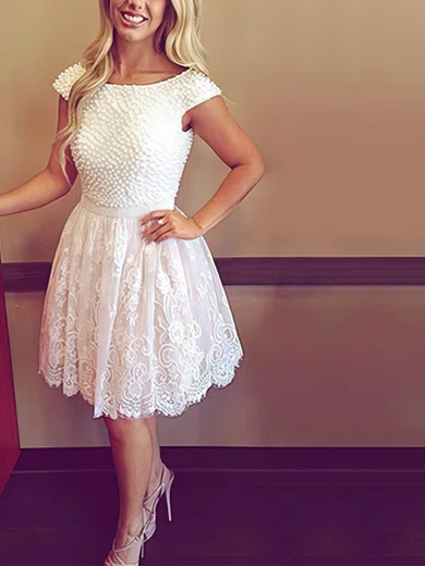 A-line Scoop Neck Tulle Short/Mini with Pearl Detailing Short Prom Dresses #Favs020104127