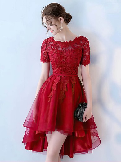 A-line Scoop Neck Tulle Asymmetrical Appliques Lace Short Prom Dresses #Favs020105383